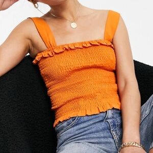 URBAN THREADS Shirred Frill Edge Top In Orange